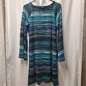 MSK Shimmer Striped Shift Dress Size S Teal Blue Glitter Knit Long Sleeve NWT